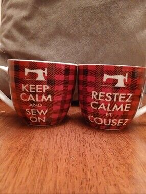 Red Plaid 'Keep Calm and Sew On' Ceramic Mug (French version too!).Price for 2